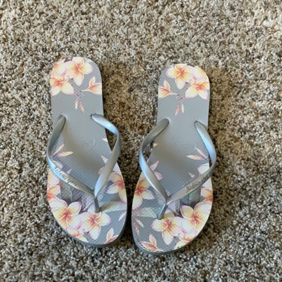 Gray and Pink Floral Sandals with Thong Straps - Picture 1 of 3
